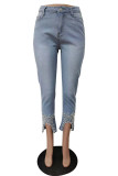 Blue Fashion Beading Mid Waist Skinny Denim Jeans