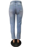 Jeans skinny azul claro fashion com miçangas cintura média
