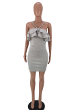 Silberfarbenes, sexy, solides Patchwork-Kleid mit Bateau-Ausschnitt und trägerlosem Kleid
