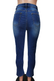 Lichtblauwe modieuze skinny jeans met halfhoge taille en kralen