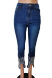 Light Blue Fashion Beading Mid Waist Skinny Denim Jeans