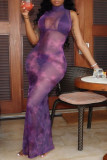 Фиолетовое модное сексуальное прозрачное платье с открытой спиной и воротником без рукавов
