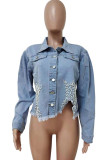 Blue Casual Solid Beading Long Sleeve Cropped Denim Jackets