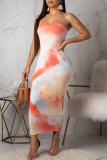 Tangerine Red Sexy Print Patchwork Strapless Pencil Skirt Dresses