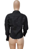 Черная повседневная однотонная джинсовая ткань с бисером и длинными рукавами