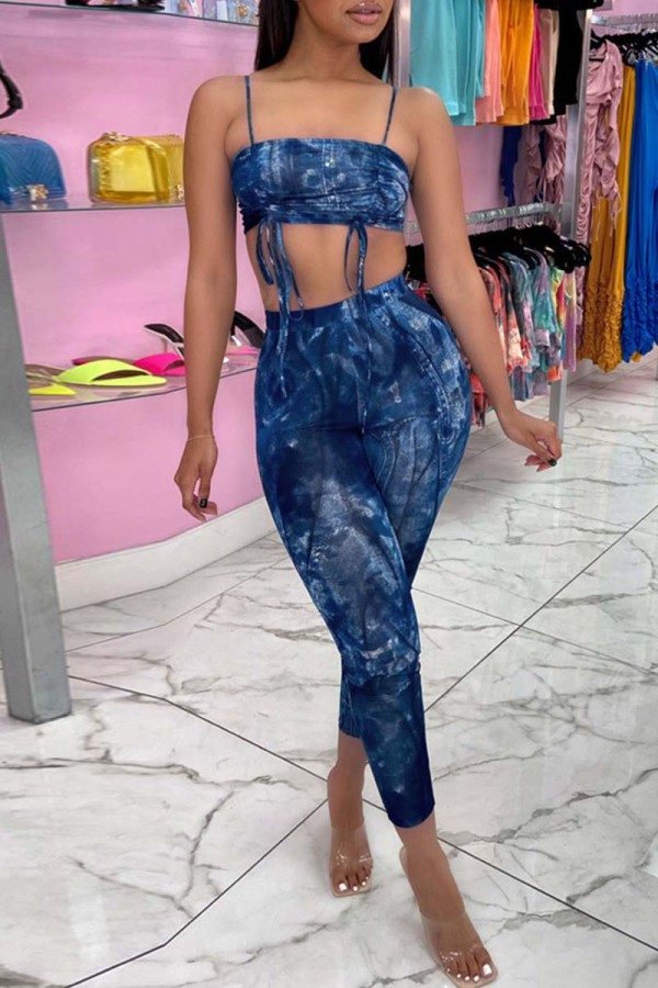 Correa de espagueti sin espalda con estampado sexy de moda azul sin mangas de dos piezas