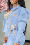 Blue Casual Solid Beading Long Sleeve Cropped Denim Jackets