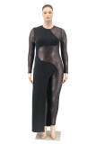 Black Fashion Sexy Patchwork See-through O Neck Plus Size Jumpsuit