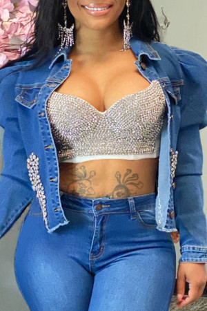 Blue Casual Solid Beading Long Sleeve Cropped Denim Jackets