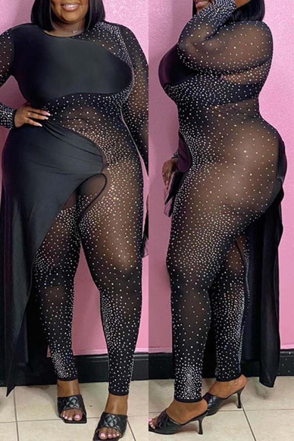 Macacão preto fashion sexy patchwork transparente com decote em tamanho grande