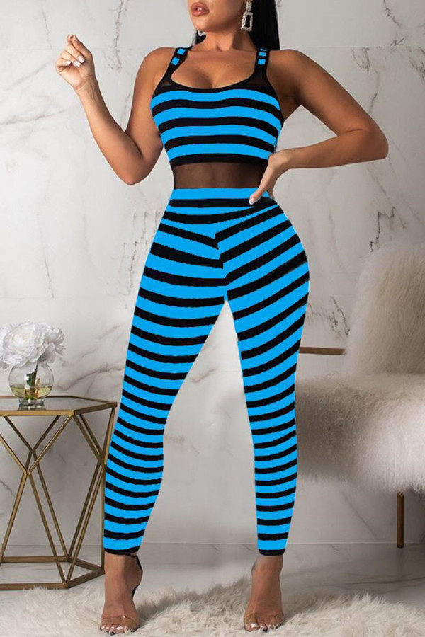Blauwe sexy gestreepte patchwork spaghettibandjes reguliere jumpsuits