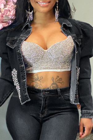 Black Casual Solid Beading Long Sleeve Cropped Denim Jackets