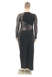 Black Fashion Sexy Patchwork See-through O Neck Plus Size Jumpsuit