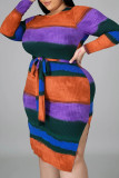 Mehrfarbiges, modisches, lässiges, bedrucktes Basic-Kleid mit O-Ausschnitt in Übergröße