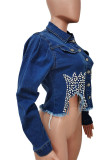 Light Blue Casual Solid Beading Long Sleeve Cropped Denim Jackets