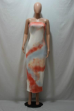 Tangerine Red Sexy Print Patchwork Strapless Pencil Skirt Dresses