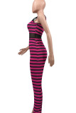 Rose Red Sexy Striped Patchwork Spaghetti Strap Regular Jumpsuits