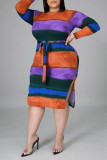 Mehrfarbiges, modisches, lässiges, bedrucktes Basic-Kleid mit O-Ausschnitt in Übergröße