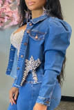 Black Casual Solid Beading Long Sleeve Cropped Denim Jackets