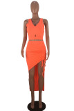 Orange Work Daily Solid V Neck Sleeveless Two Pieces