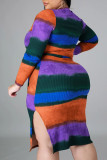 Vestido estampado multicolorido moda casual plus size básico com gola O