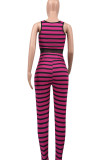 Rose Red Sexy Striped Patchwork Spaghetti Strap Regular Jumpsuits