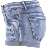 Jeans azul claro fashion casual rasgado cintura média (sem cinto)