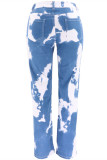 ブルーホワイトファッションカジュアルプリントベーシックハイウエストストレートジーンズ