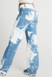 Vaqueros rectos básicos de cintura alta con estampado casual de moda azul blanco