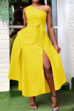 Желтые милые однотонные лоскутные платья-жилеты с высоким открытием на одно плечо Платья