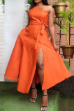 Оранжевый сладкий однотонный лоскутный жилет с высоким открытием на одно плечо Платье-платье