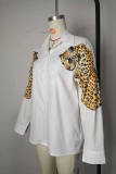 White Casual Leopard Patchwork Turndown Collar Tops