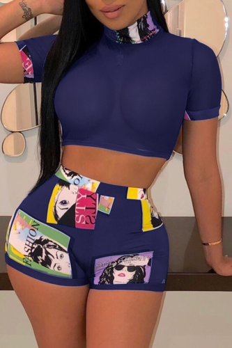 Tibetan Blue Sexy Print See-through Mesh Turtleneck Short Sleeve Two Pieces