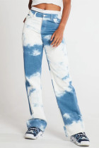Blue White Fashion Casual Ombre Print Basic High Waist Straight Denim Jeans