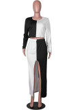 Black White Sexy Solid Patchwork Slit O Neck A Line Plus Size 