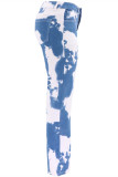 Blauwe, witte, casual rechte jeans met hoge taille en print