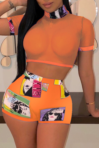 Tangerine Red Sexy Print See-through Mesh Turtleneck Short Sleeve Two Pieces