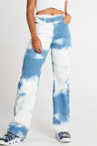 Blauwe, witte, casual rechte jeans met hoge taille en print