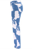 Jean droit basique taille haute imprimé décontracté bleu blanc
