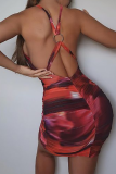 赤のセクシーなパッチワーク絞り染めホルターペンシルスカートドレス