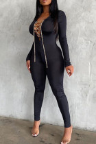 Macacão skinny preto sexy de patchwork sólido com decote em v