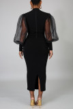 黒のファッションカジュアル固体パッチワークハーフタートルネック長袖ドレス