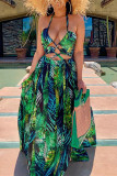 Grüne Mode Sexy Print Ausgehöhltes Rückenfreies Halfter Ärmelloses Kleid