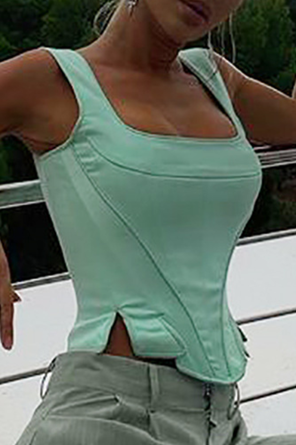 Tops con cuello cuadrado de patchwork liso sexy verde