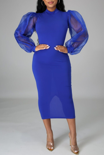 Blue Fashion Casual Solid Patchwork Half A Turtleneck Long Sleeve Dresses