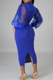 ブルーファッションカジュアルソリッドパッチワークハーフタートルネック長袖ドレス
