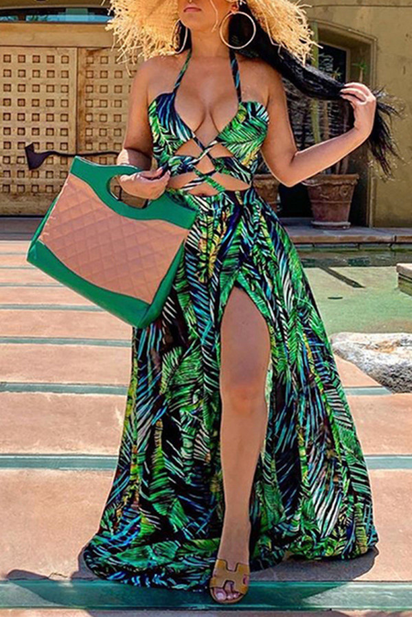 Grüne Mode Sexy Print Ausgehöhltes Rückenfreies Halfter Ärmelloses Kleid