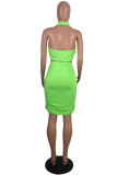 Fluorescent Green Sexy Casual Solid Hollowed Out Backless Halter Sleeveless Two Pieces