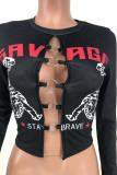Black Sexy Print Pullovers O Neck Tops
