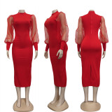 Rote, modische, lässige, solide Patchwork-Kleider mit halbem Rollkragen und langen Ärmeln